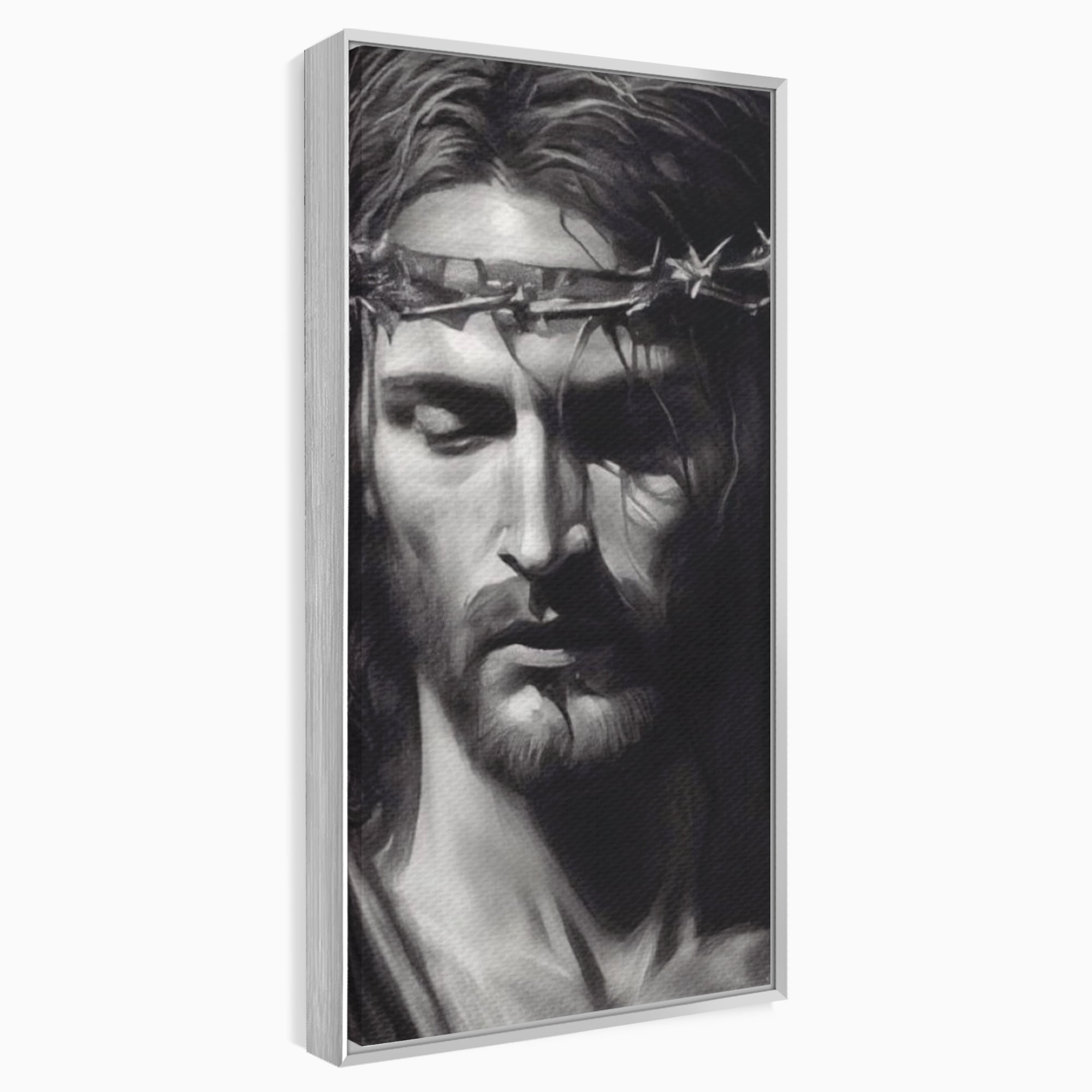 Tablou canvas cu tablou canvas cu portretul lui iisus, in rama de aluminiu argintiu